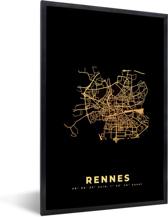Fotolijst incl. Poster - Rennes – Goud - Frankrijk – Kaart - Stadskaart – Plattegrond - 60x90 cm - Posterlijst
