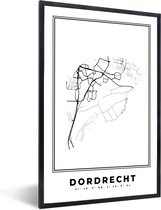 Fotolijst incl. Poster Zwart Wit- Nederland – Dordrecht – Stadskaart – Kaart – Zwart Wit – Plattegrond - 60x90 cm - Posterlijst