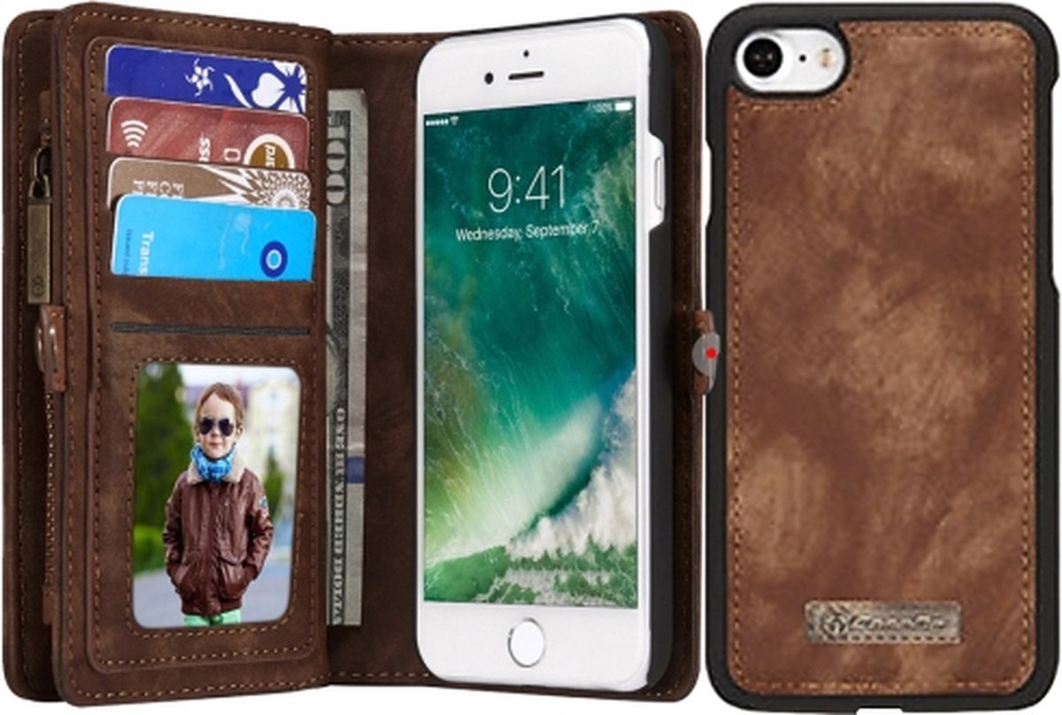 Caseme Telefoonhoesje geschikt voor Apple iPhone 7 Hoesje | Caseme 008 Uitneembare 2in1 Bookcase Portemonnee | Pasjeshouder voor 8 Pasjes | Telefoonhoesje voor Pinpas / OV Kaart / Rijbewijs - Bruin