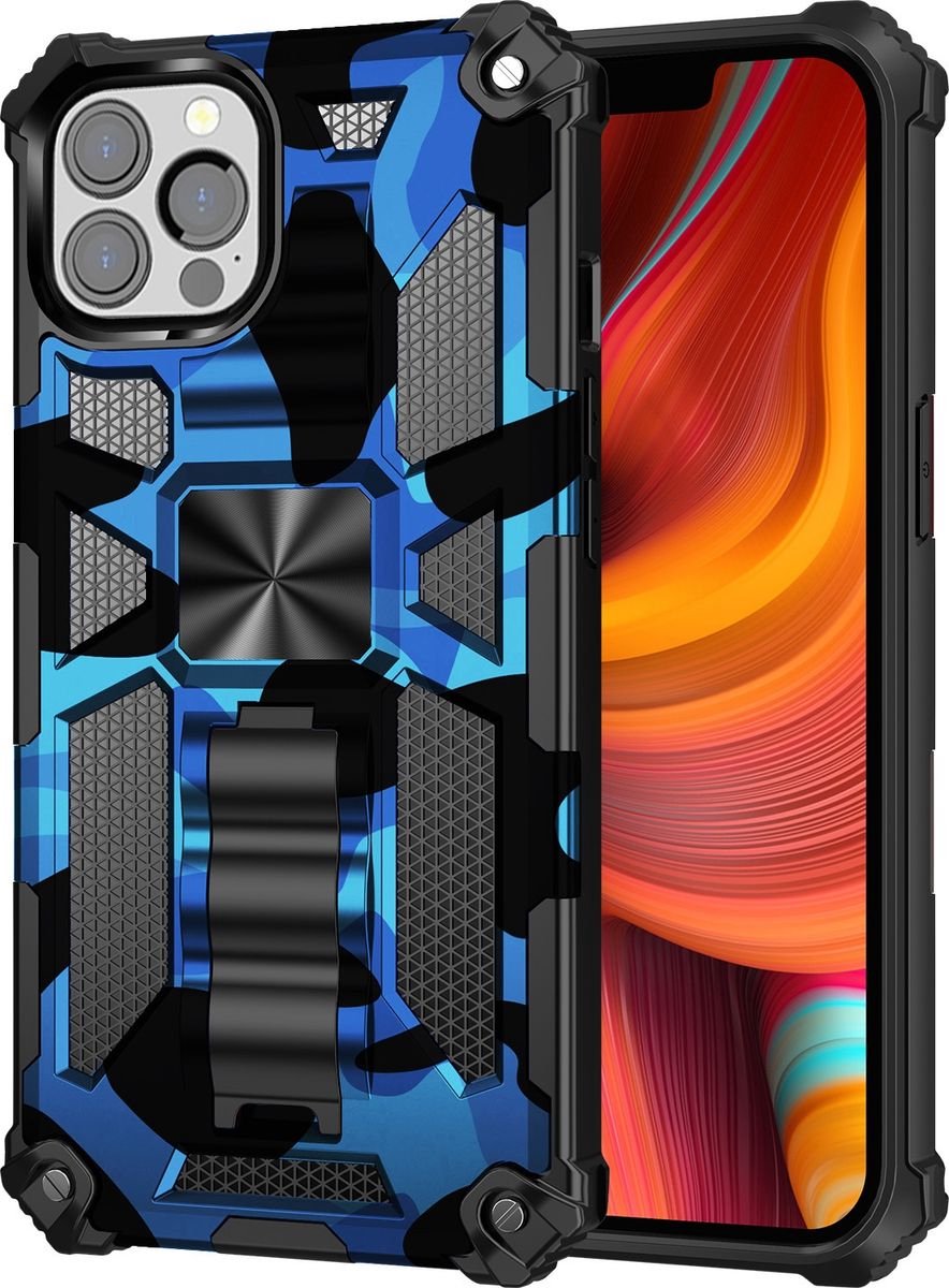 Mobigear Hoesje geschikt voor Apple iPhone 13 Pro Max Telefoonhoesje Hardcase | Mobigear Armor Stand Backcover Shockproof met Standaard | Schokbestendig iPhone 13 Pro Max Telefoonhoesje | Anti Shock Proof - Blauw
