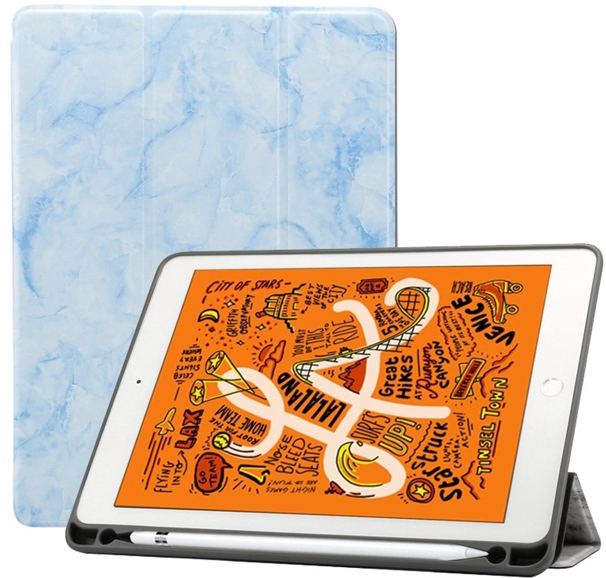 Mobigear Tablethoes geschikt voor Apple iPad Air 3 (2019) Hoes | Mobigear Tri-Fold Marble Bookcase + Stylus Houder - Blauw