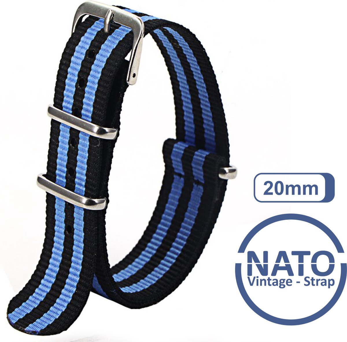 20mm Nato Strap Zwart Blauw streep - Vintage James Bond - Nato Strap collectie - Mannen - Horlogebanden gestreeept - 20 mm bandbreedte voor oa. Seiko Rolex Omega Casio en Citizen