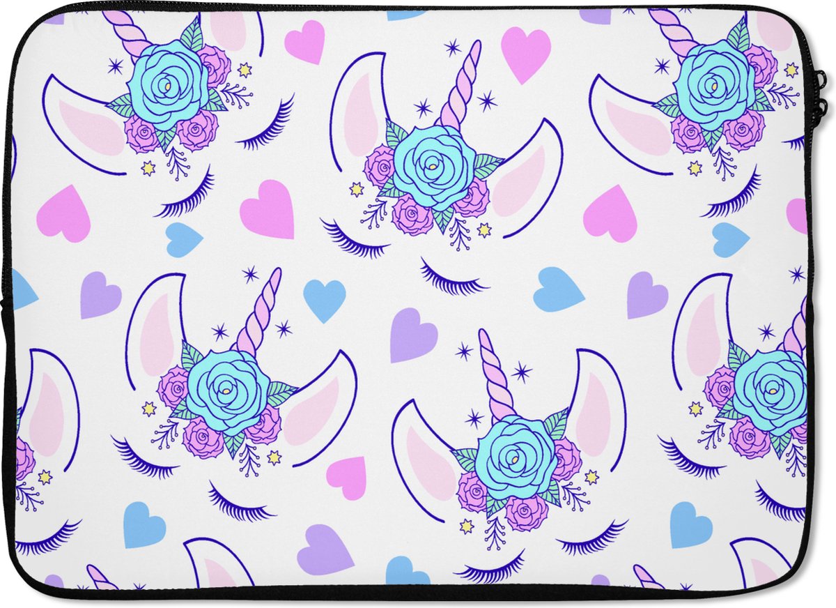 Laptophoes 13 inch - Meiden - Unicorn - Bloemen - Patronen - Girl - Kids - Kinderen - Laptop sleeve - Binnenmaat 32x22,5 cm - Zwarte achterkant