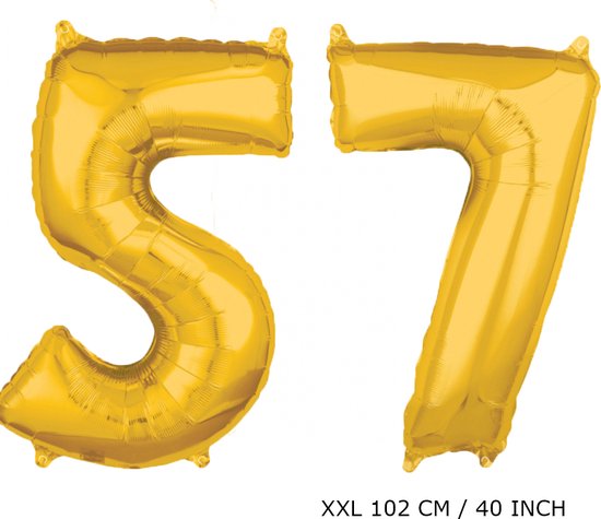 Mega grote XXL gouden folie ballon cijfer 57 jaar.  leeftijd verjaardag 57 jaar. 102 cm 40 inch. Met rietje om ballonnen mee op te blazen.