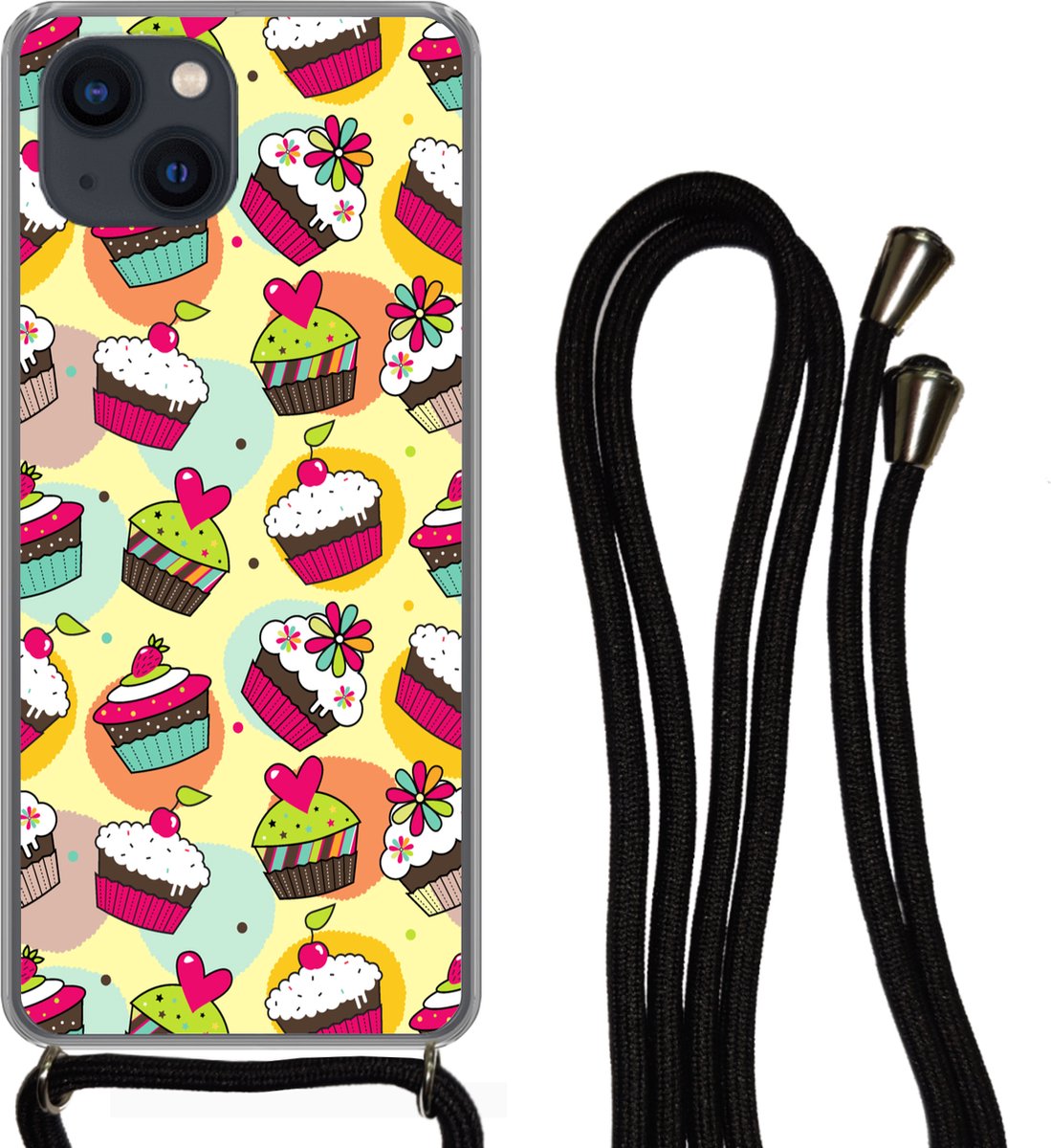 Telefoonhoesje Geschikt voor iPhone 13 - Meisjes - Cupcake - Patronen - Girl - Kids - Kinderen - Kindje - Siliconen - Crossbody - Backcover met Koord - Telefoonhoesje met koord - Hoesje met touw Telefoonhoesje