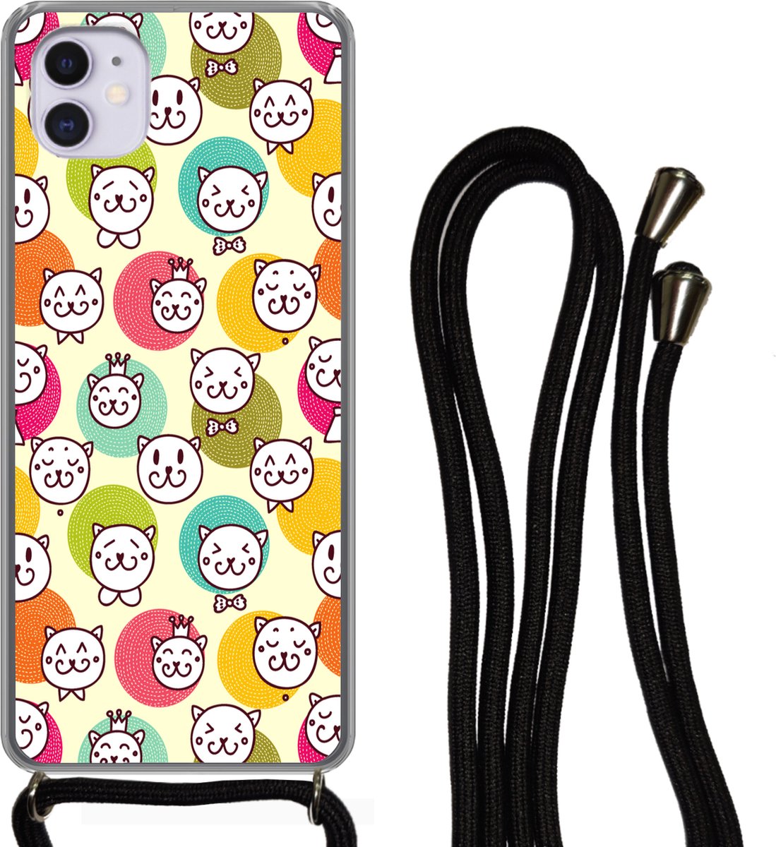 Telefoonhoesje Geschikt voor iPhone 12 Mini - Meisjes - Kat - Kroon - Patronen - Girl - Kids - Kinderen - Siliconen - Crossbody - Backcover met Koord - Telefoonhoesje met koord - Hoesje met touw Telefoonhoesje