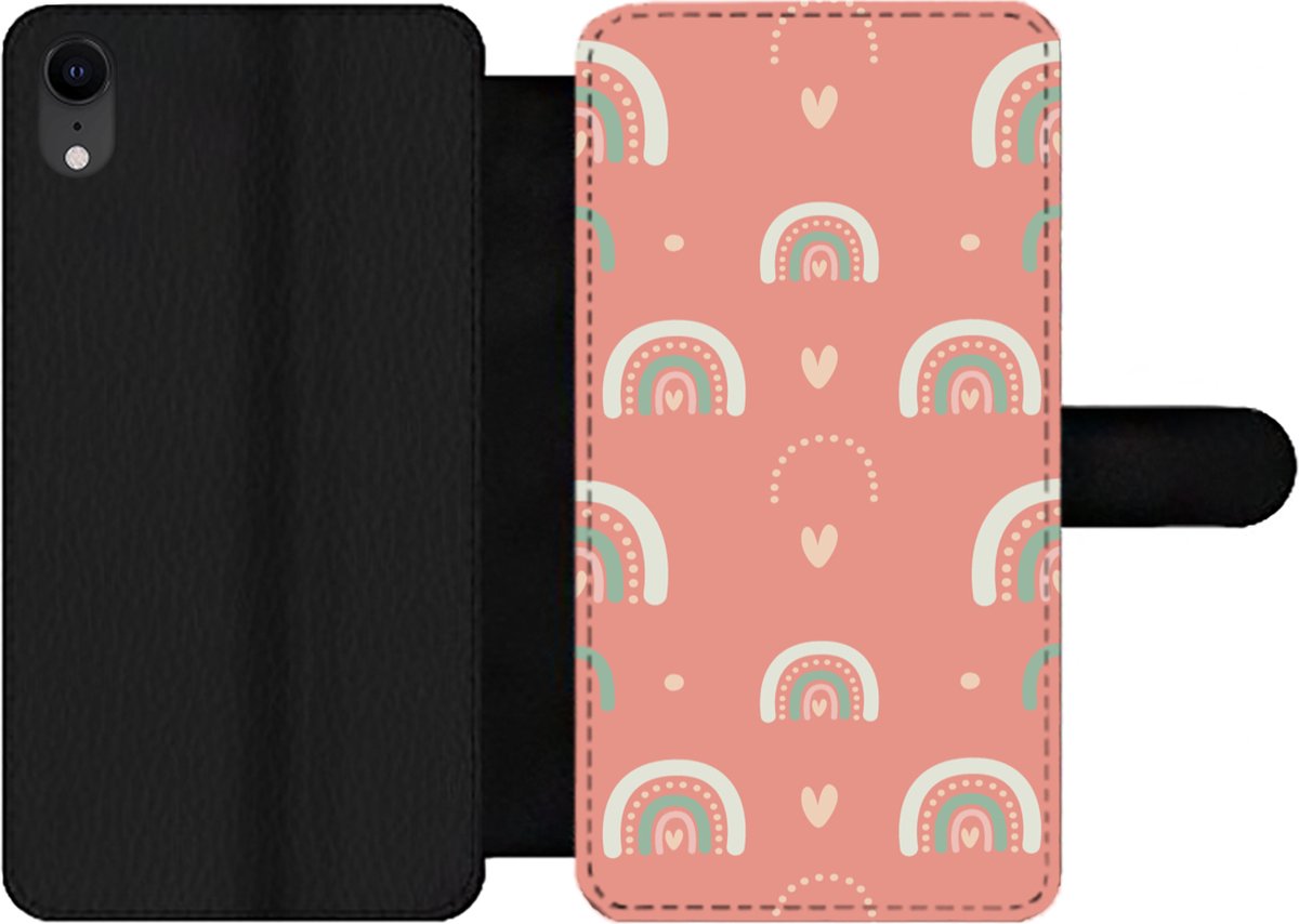 Telefoonhoesje Geschikt voor iPhone XR telefoonhoesje - Meisjes - Regenboog - Hartjes - Patronen - Girl - Roze - Kinderen - Kind - Met vakjes - Wallet case met magneetsluiting