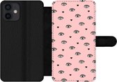 Bookcase Geschikt voor iPhone 12 Mini telefoonhoesje - Meisje - Ogen - Roze - Patronen - Girl - Kids - Kinderen - Met vakjes - Wallet case met magneetsluiting