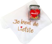 Geborduurde fleecedeken 'Je bent de liefste' met gevulde snoeppot voor Plus-mama - Plaid - Moederdag Cadeau