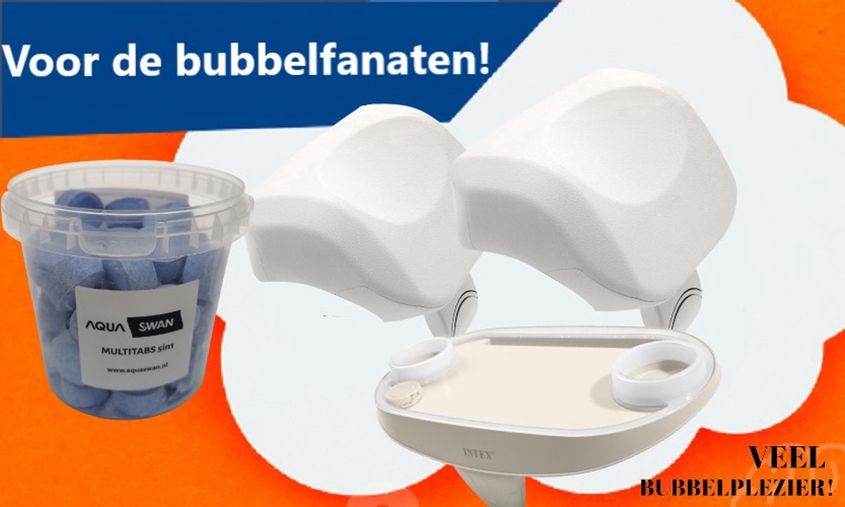 Voordeelpakket voor echte bubbelfanaten! 1 x Aquaswan Multitabs | 2 x Intex Foam hoofdsteunen met Intex LED Bekerhouder | Intex hoofdkussen | Jacuzzi opblaasbaar hoofdkussen | Intex Bekerhouder | Jacuzzi accessoires