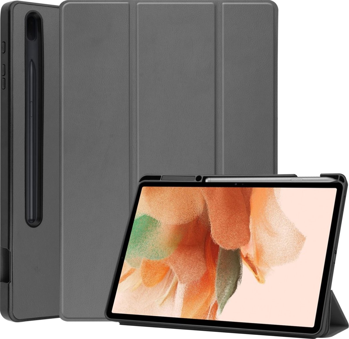 Mobigear Tablethoes geschikt voor Samsung Galaxy Tab S7 FE Hoes | Mobigear Tri-Fold Gel Bookcase + Stylus Houder - Grijs