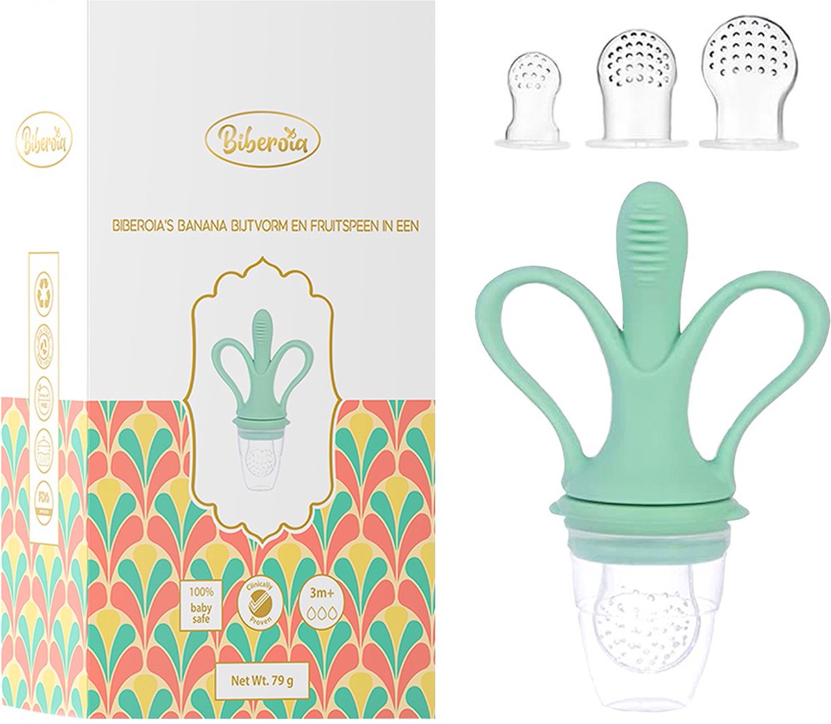 Goedkoopste Biberoia® Bijtring banaan en fruitspeen in 1 - Baby - Fopspeen – Extra speen in 3 maten S M L - Kinderbestek - Baby speelgoed – Kraamcadeau - Babyshower - Groen