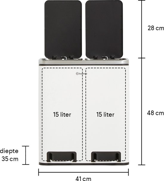 eluno Pedaalemmer met 2 compartimenten van elk 15 liter, uitneembare binnenemmer van plastic, zijhandvatten, grote pedaal, systeem voor gescheiden afvalinzameling (wit eluno Pedaalemmer met 2 compartimenten van elk 15 liter, uitneembare binnenemmer van plastic, zijhandvatten, grote pedaal, systeem voor gescheiden afvalinzameling (wit