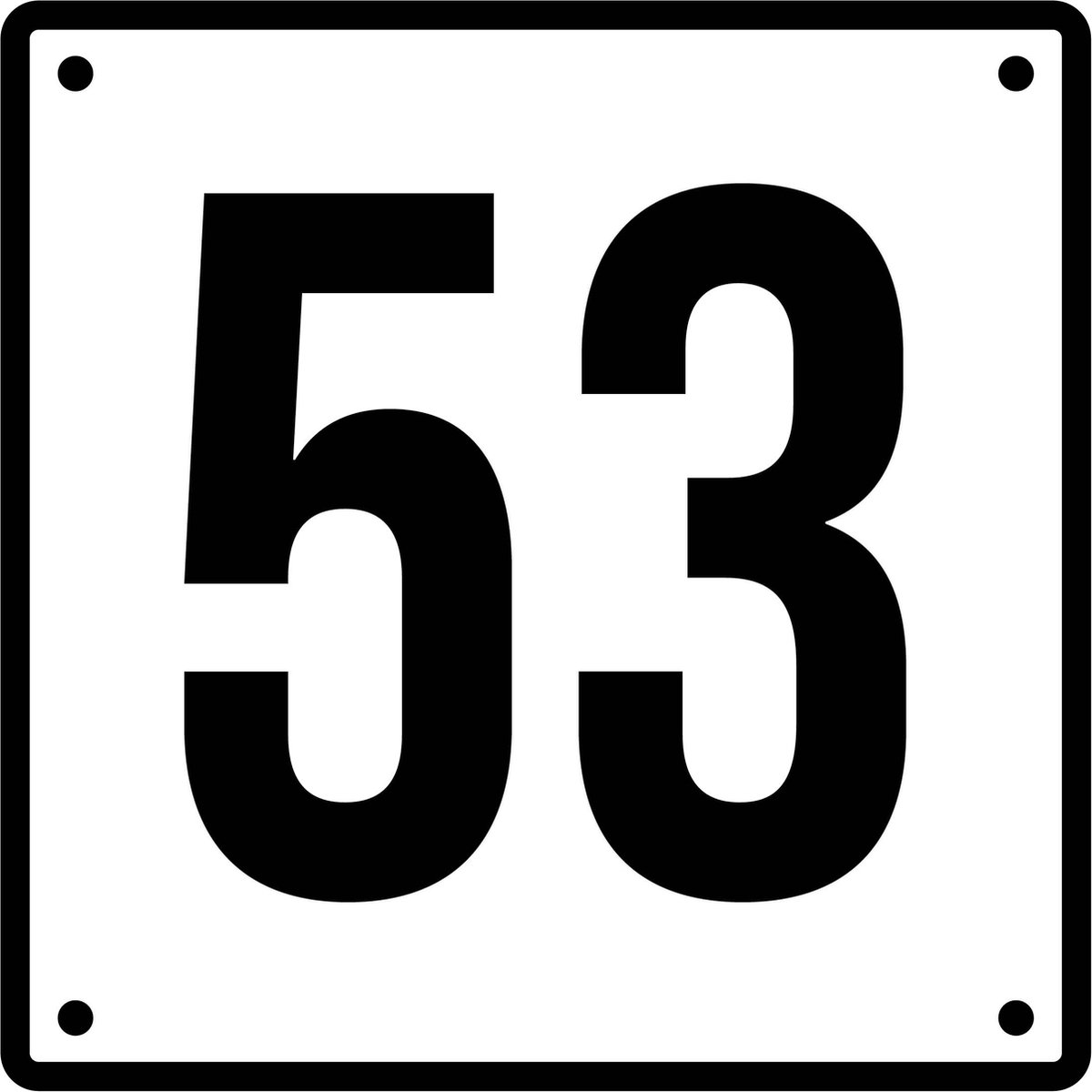 Huisnummerbord 53 - Incl. Schroeven en Pluggen – Acrylaat - 10 x 10 cm - Wit met Zwart