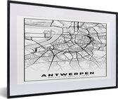 Fotolijst incl. Poster Zwart Wit- België – Antwerpen – Stadskaart – Kaart – Zwart Wit – Plattegrond - 60x40 cm - Posterlijst