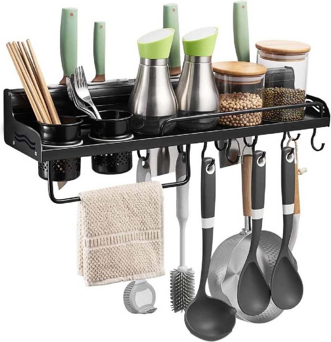 Eleganca keuken wandrek - keuken organizer - modern keuken wandrek met haken - keukenwandopberger voor allerlei keukengerei - 80x14x8,5cm