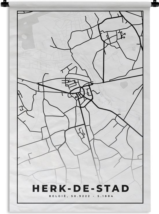 Wandkleed - Wanddoek - Stadskaart – Plattegrond – België – Zwart Wit – Herk de Stad – Kaart - 120x180 cm - Wandtapijt