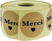 PrimeMatik - Ronde kraftpapier stickers "Merci" 25 mm, rol van 500 etiketten, bruine kleur