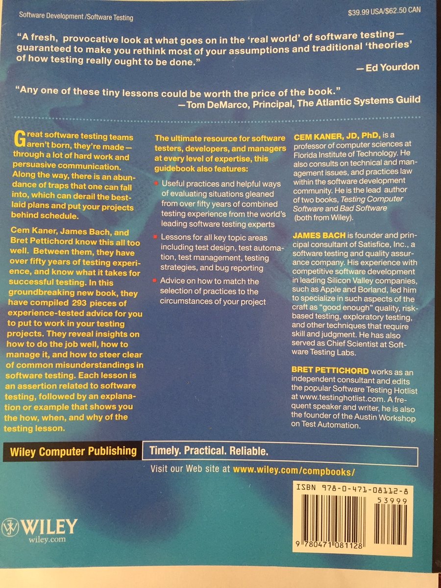 Lessons Learned in Software Testing - back cover
