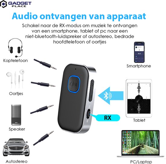 Bluetooth transmitter in RX-modus, verbonden met koptelefoon, oortjes, speaker, auto stereo, smartphone, tablet, pc/laptop.