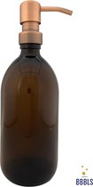 Zeepdispenser | Zeeppompje | Blanco | amber glas | 500ml | Zonder sticker | Koper kleur metaal pomp | Glas