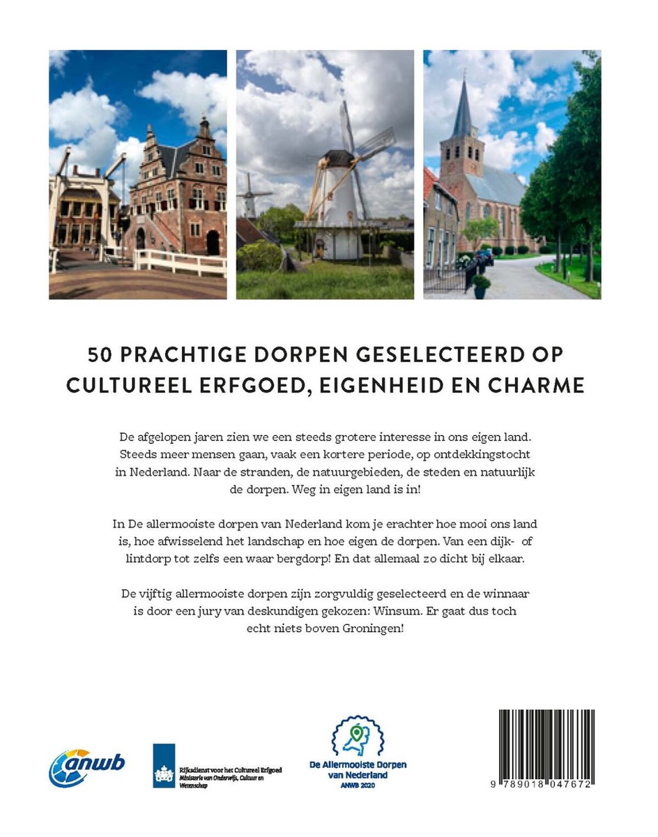 Titelpagina met drie afbeeldingen van Nederlandse dorpen: een molen, een kerk en bruggen. Centraal de titel '50 PRCHTIGE DORPEN GESELECTEERD OP CULTUREEL ERFGOED, EIGENHEID EN CHARME'.
