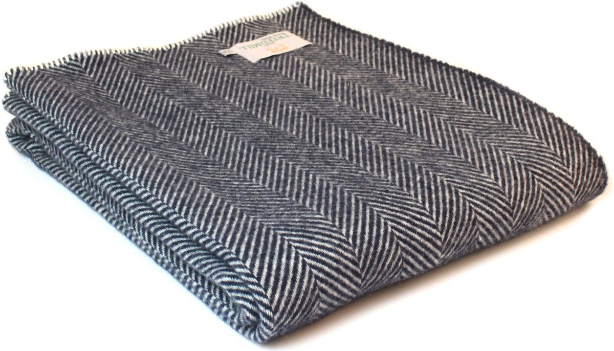 Tweedmill Plaid zonder franje Visgraat Blauw (Navy) - 140x200 - Nieuw Wol - Tweedmill UK