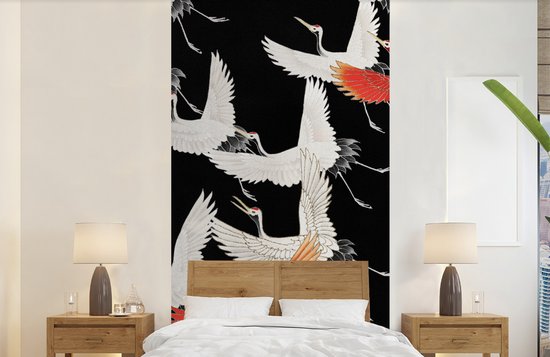 Behang - Fotobehang Japandi - Kraanvogel - Rood - Wit - Breedte 120 cm x hoogte 240 cm