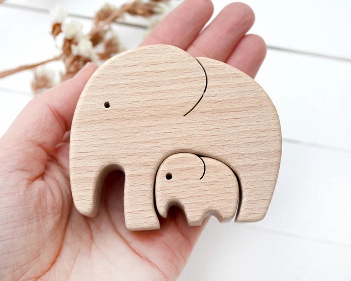 Goedkoopste Houten Olifanten Puzzel Kraamcadeau - Zwangerschap Geschenk Set Babycadeau - Kraamcadeau Jongen - Kraamcadeau Meisje - Kraam Geschenk voor Babyshower- Geschikt voor Vaderdag en Moederdag - WoodyDoody