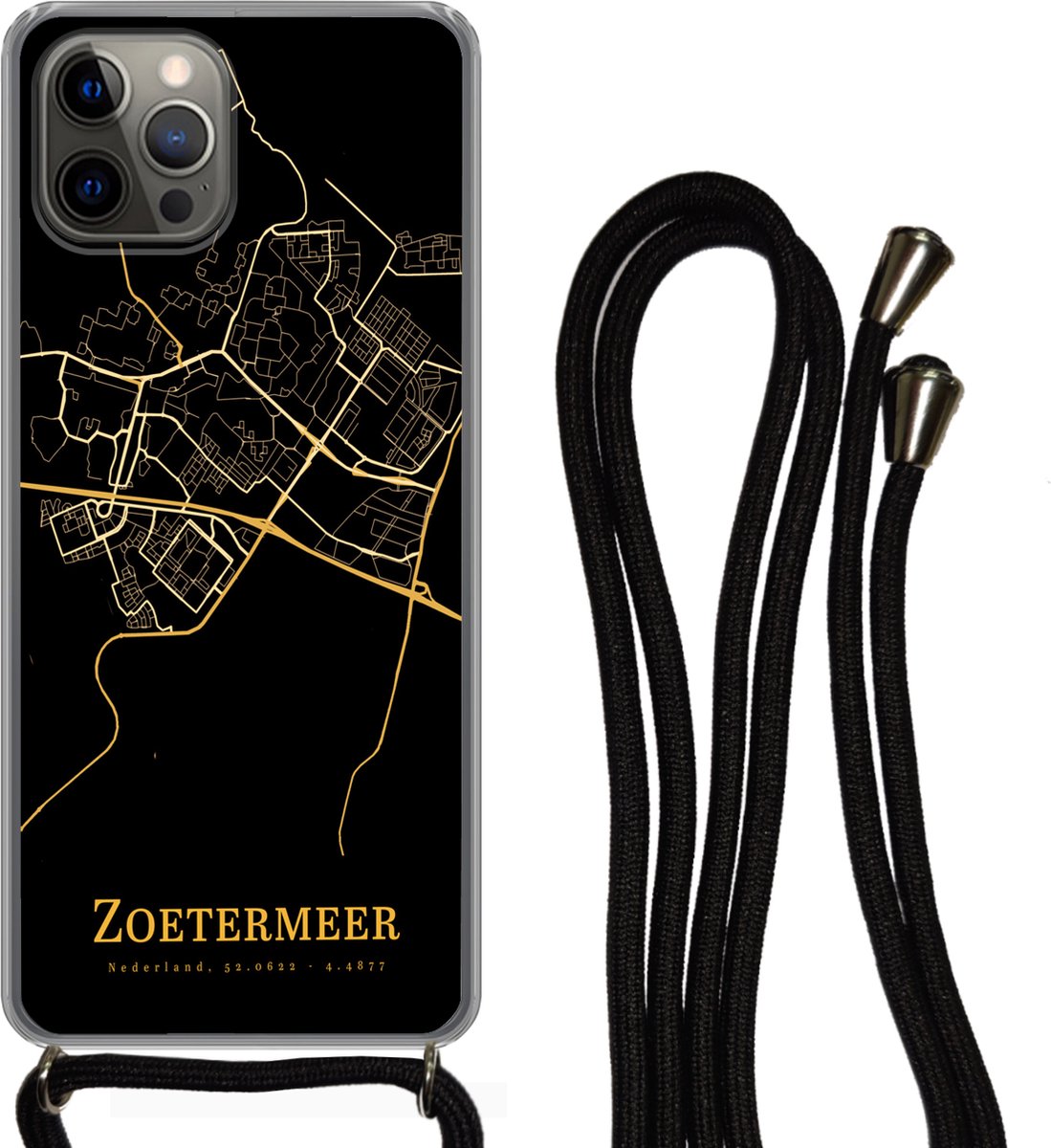 Telefoonkoord - Telefoonketting - Telefoonhoesje Geschikt voor iPhone 13 Pro Max - Zoetermeer - Kaart - Goud - Siliconen - Crossbody - Telefoonhoesje met koord Telefoonhoesje