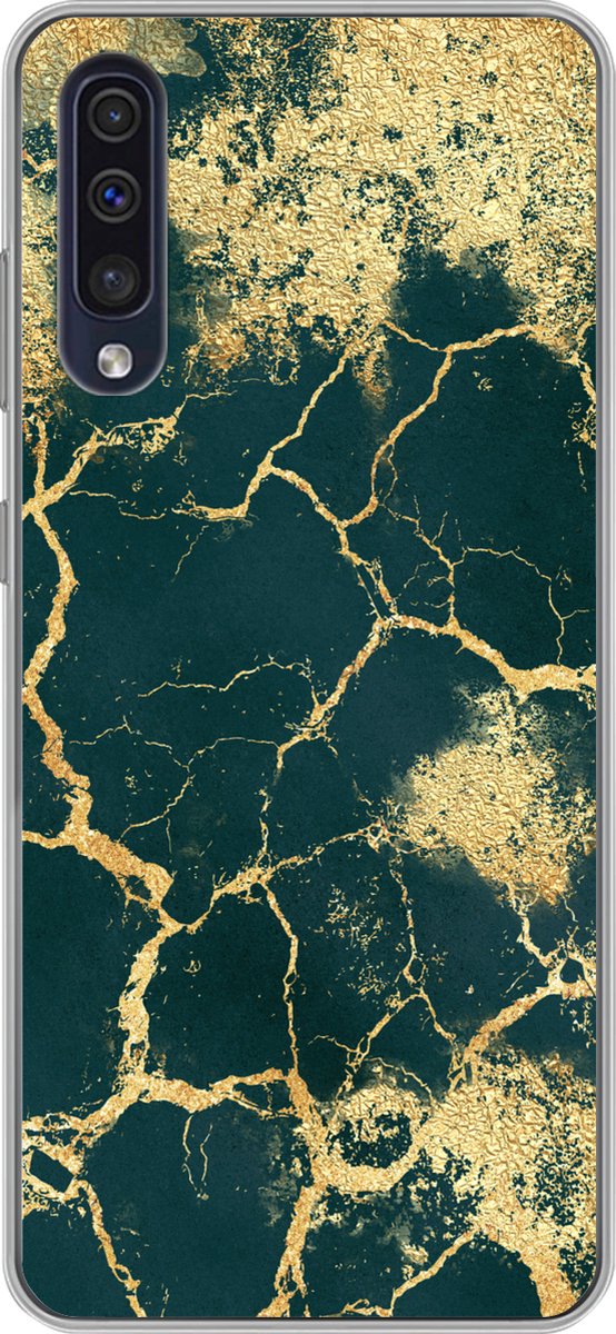 Telefoonhoesje Geschikt voor Samsung Galaxy A30s hoesje - Goud - Groen - Marmer print - Siliconen Telefoonhoesje Telefoonhoesje