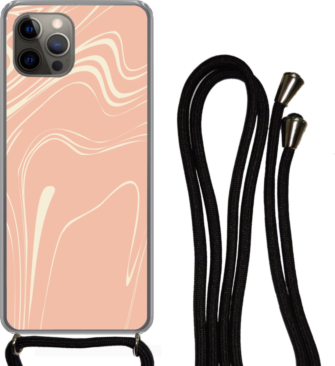 Telefoonkoord - Telefoonketting - Hoesje met koord iPhone 12 Pro - Marmer - Roze - Zalm - Siliconen - Crossbody - Telefoonhoesje met koord