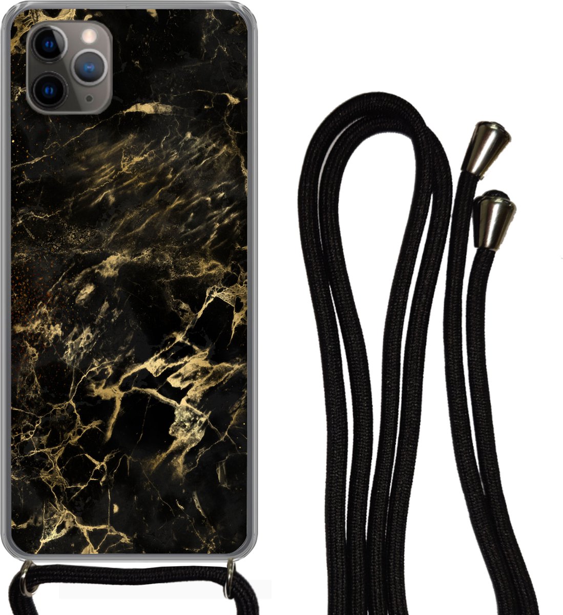 Telefoonkoord - Telefoonketting - Telefoonhoesje Geschikt voor iPhone 11 Pro - Zwart - Goud - Verf - Siliconen - Crossbody - Telefoonhoesje met koord Telefoonhoesje