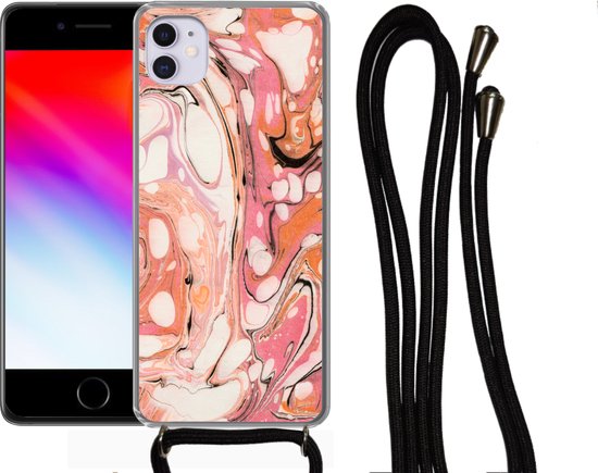 Coque avec cordon iPhone 11 - Imprimé marbré - Oranje - Zwart - Siliconen - Bandoulière - Coque arrière avec cordon - Coque pour téléphone avec cordon - Coque avec corde