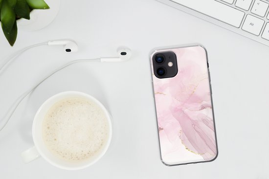 Telefoonhoesje Geschikt voor iPhone 12 mini hoesje - Marmer print - Gouden - Lijn - Siliconen Telefoonhoesje Telefoonhoesje