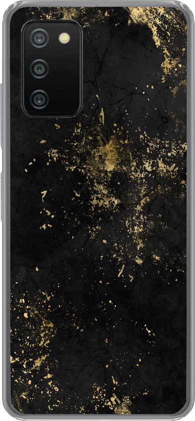 Coque de téléphone noire avec un imprimé marbre doré, vue de face.