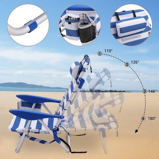 naqsh store strandstoel met hoofdkussen, aluminium, draagbare vouwstoel, campingstoel, opvouwbaar en verstelbaar, zoals Een rugzak draagbaar, buitenstoel, blauw en wit gestreept GCB62BU van Merkloos — afbeelding 2