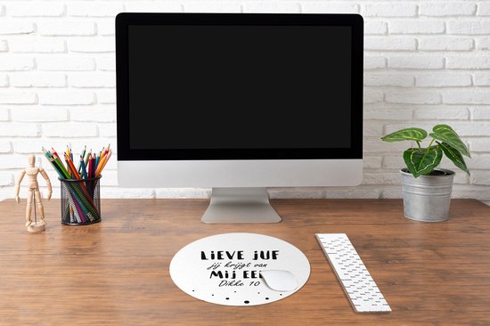 Muismat rond 40x40 cm - Mousepad Juf bedankt - Leerkracht - Quote - Wit - Lieve juf jij krijgt van mij een dikke 10 - Ronde muismatten