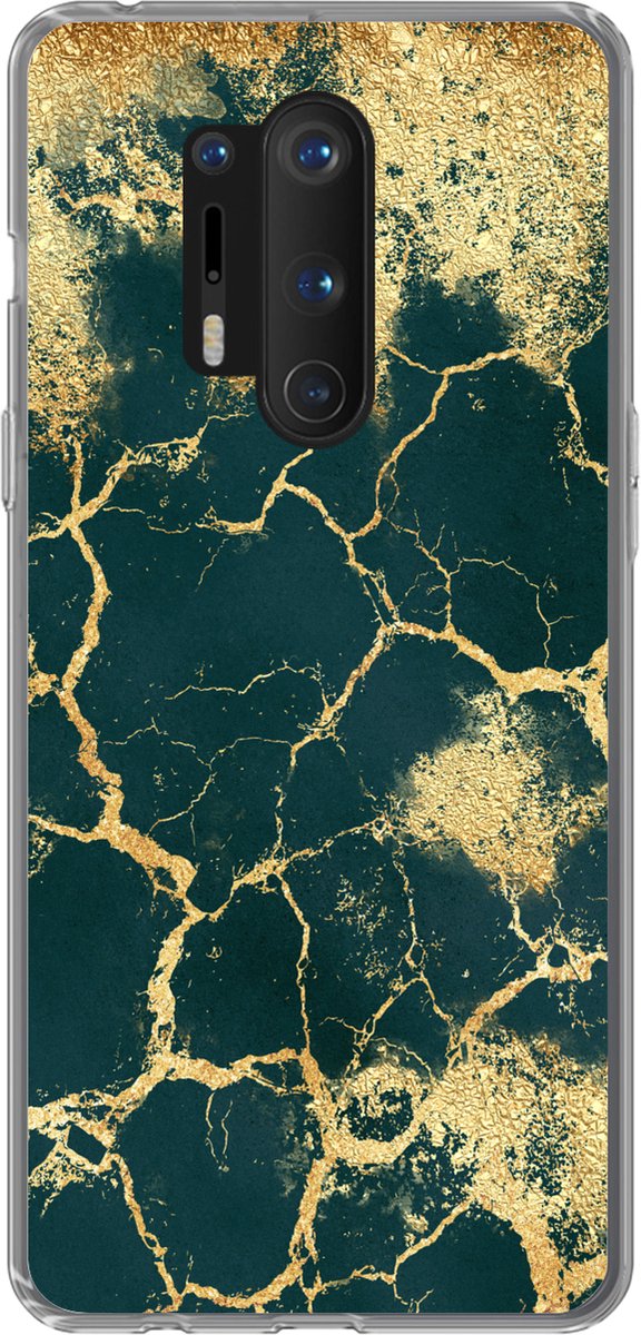 Telefoonhoesje Geschikt voor OnePlus 8 Pro hoesje - Goud - Groen - Marmer print - Siliconen Telefoonhoesje Telefoonhoesje