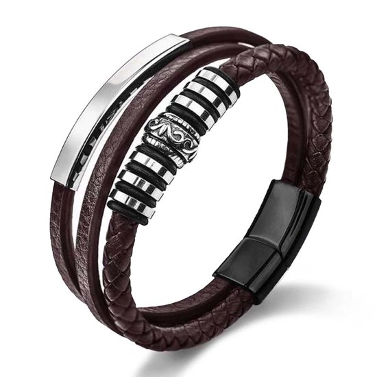 Victorious Bruin Leren Armband Heren – Bruin Leer en Zwart Roestvrij Staal – Bruin – 20.5cm