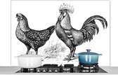 Spatscherm keuken 120x80 cm - Kookplaat achterwand Illustratie van een kip en haan in zwart-wit - Muurbeschermer - Spatwand fornuis - Hoogwaardig aluminium