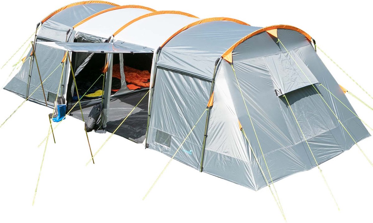 Skandika Montana 8 Tent – Tunneltenten – Campingtent – Voor 8 personen – 200 cm stahoogte – 2-4 Slaapcabines - Muggengaas – Familietent – 4 ingangen – 700 x 310 x 200 cm (L x B x H) - 5000 mm waterkolom – Outdoor, Camping – Kamperen – grijs