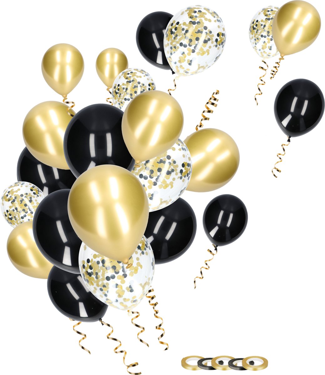 Partizzle 50x Papieren Confetti & Latex Helium Ballonnen - Verjaardag Abraham Sarah Versiering - Oud en Nieuw - Nieuwjaar - Kerst - Ballonnenboog Decoratie Maken - Zwart & Goud - Partizzle®