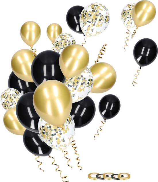 Partizzle 50x Papieren Confetti & Latex Helium Ballonnen - Ballonnenboog Decoratie - Zwart en Goud