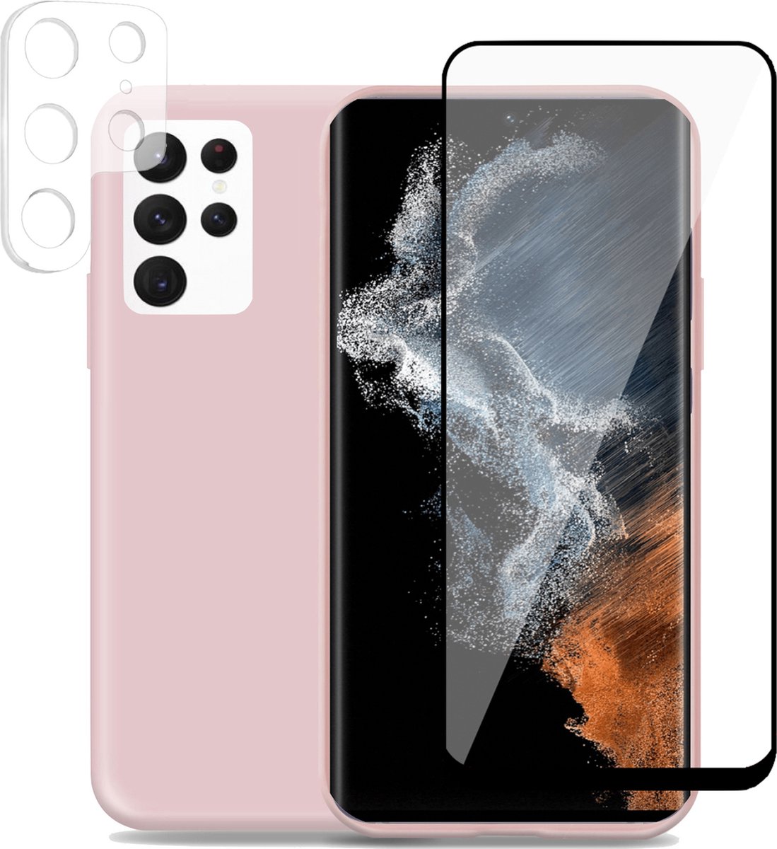 Geschikt voor Samsung S22 Ultra Hoesje + Screenprotector + Camera Beschermglas – Beschermglas Cover - Suède Case Rose