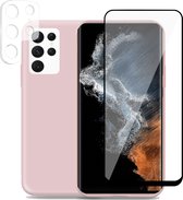 Samsung S22 Ultra Hoesje + Samsung S22 Ultra Screenprotector + Camera Beschermglas – Beschermglas Cover - Suède Case Rose