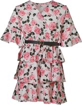 Meisjes laagjes bloemenprint  jurk 3/4 mouwen met riem - wit | Maat 128/ 8Y