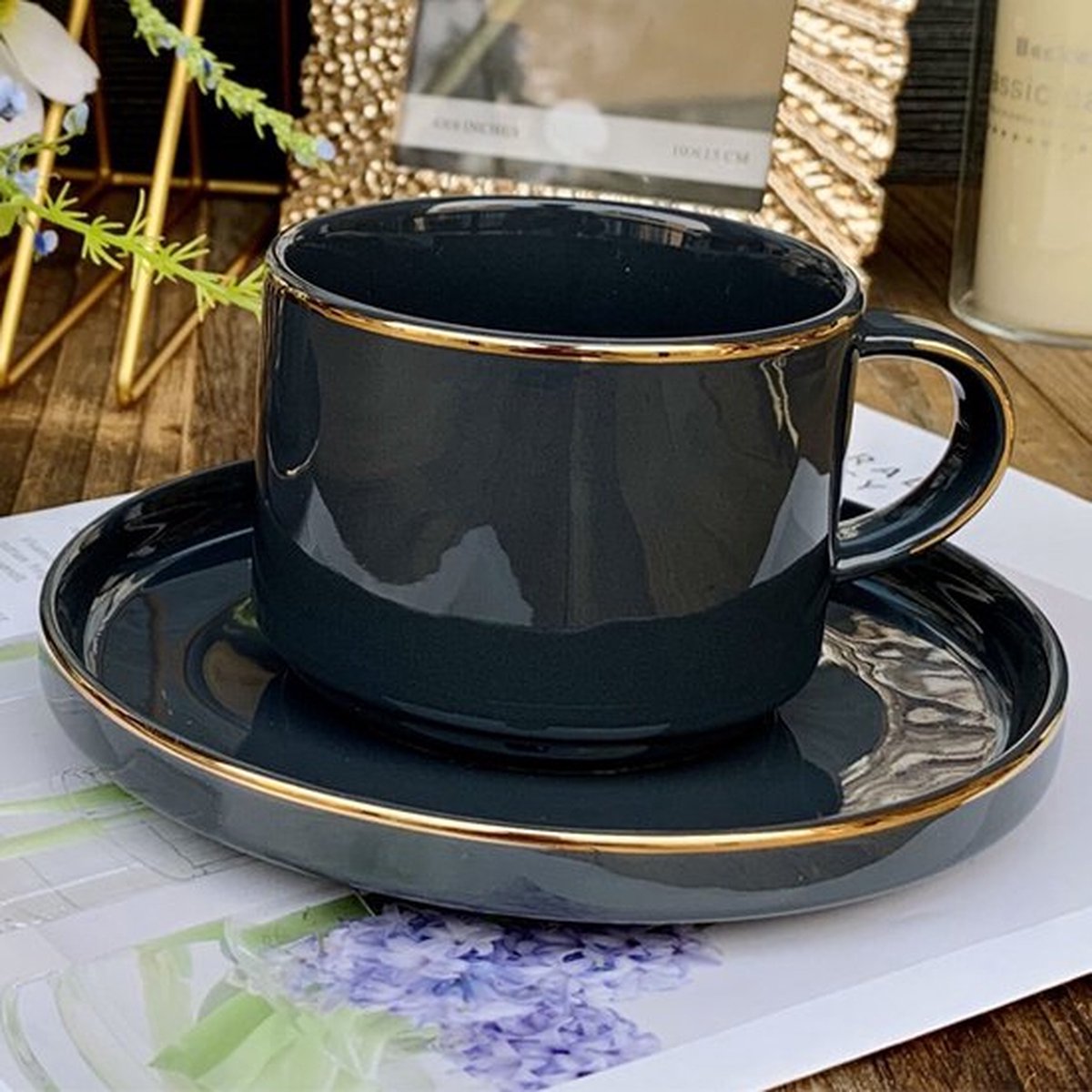 Selinex koffie- of theeset grijs met gouden rand