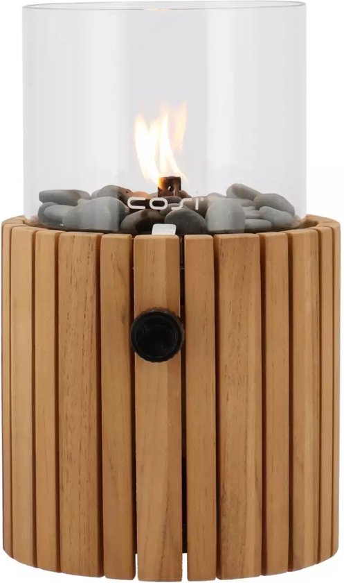 Cosiscoop Timber Round Gaslantaarn - Unieke sfeermaker - Voor binnen en buiten - Inclusief glas en kiezelstenen
