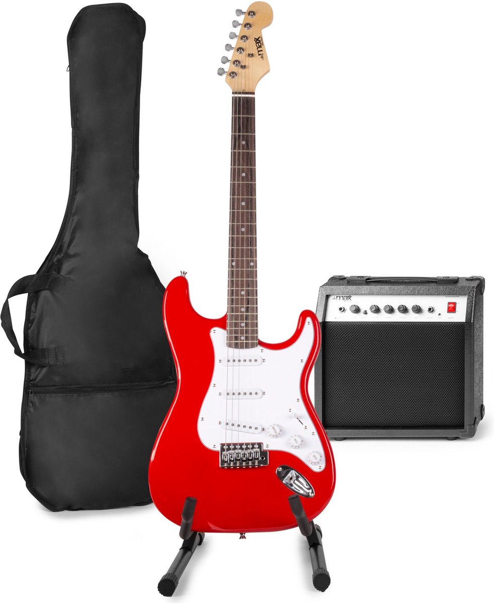 Elektrische gitaar met gitaar versterker - MAX Gigkit - Perfect voor beginners - incl. gitaar standaard, gitaar stemapparaat, gitaartas en plectrum - Rood